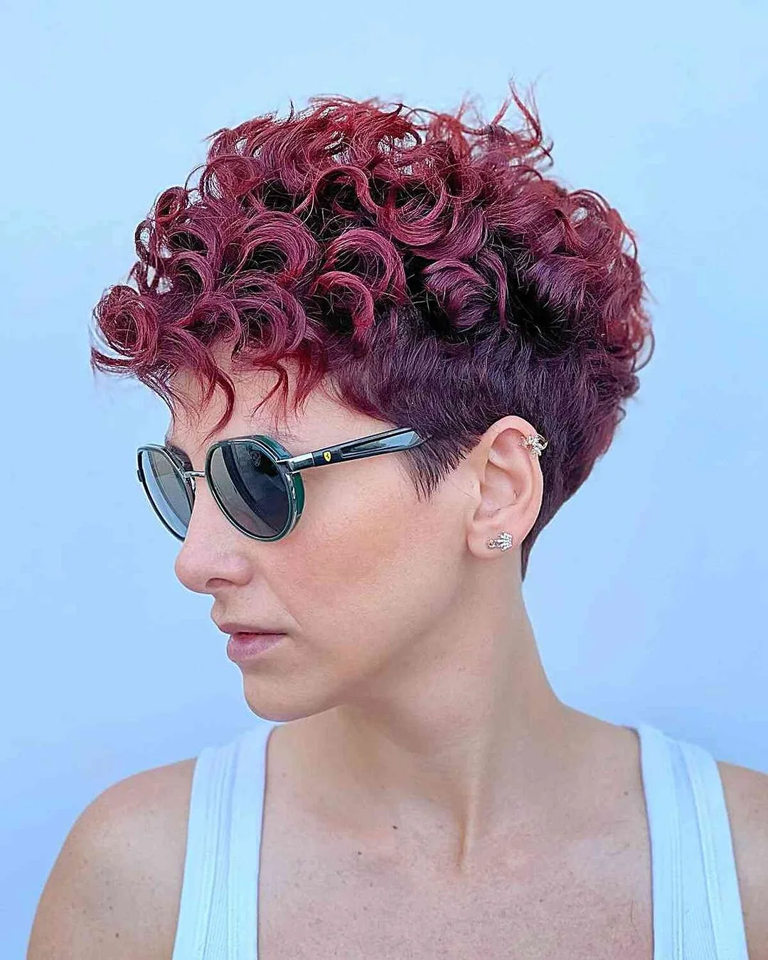 mahogany curly pixie with tapered sides