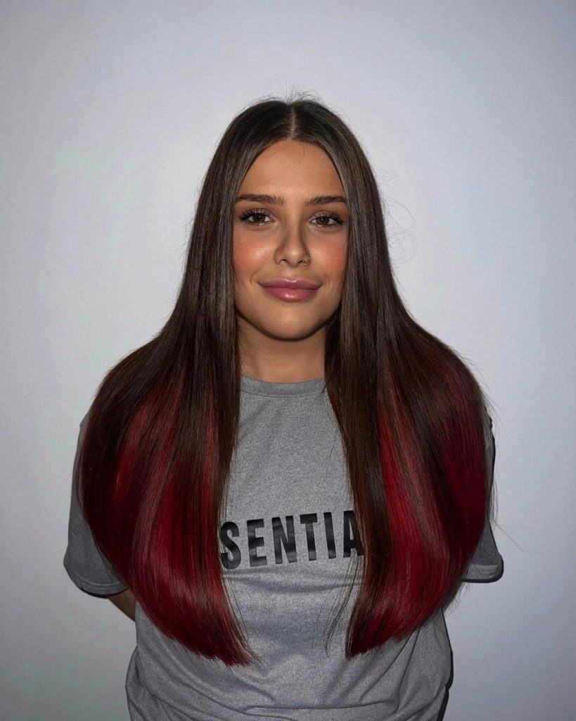 dark brown hair with cherry red ombre