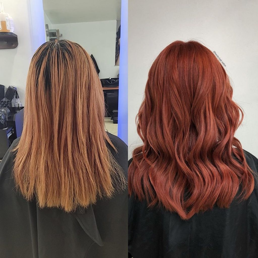 transformation des cheveux en brun roux intense