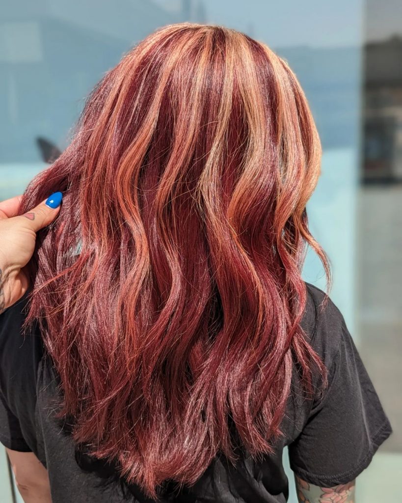 mahogany red with blonde highlights