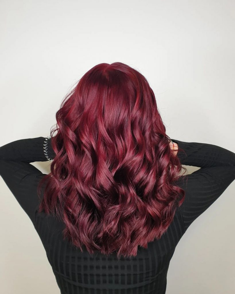 medium length burgundy hair