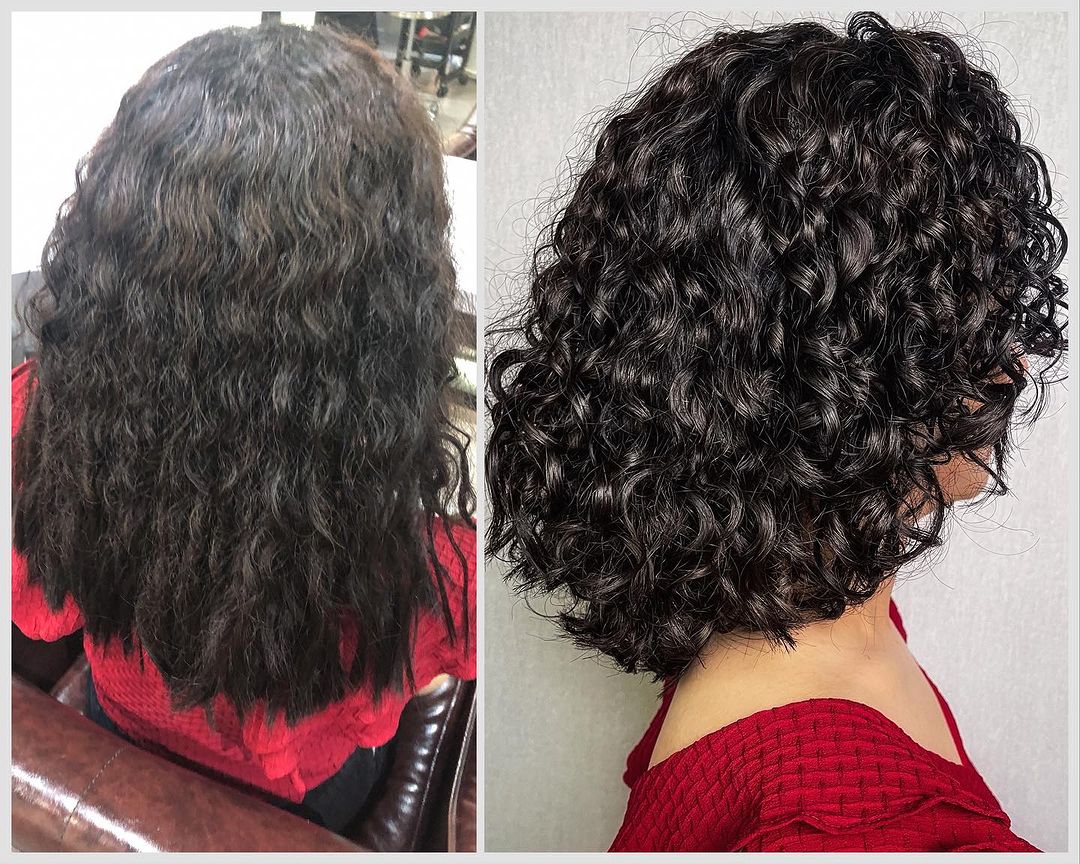 neck length curly lob before and after