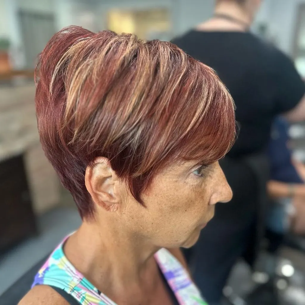 pixie short red hair with blonde highlights