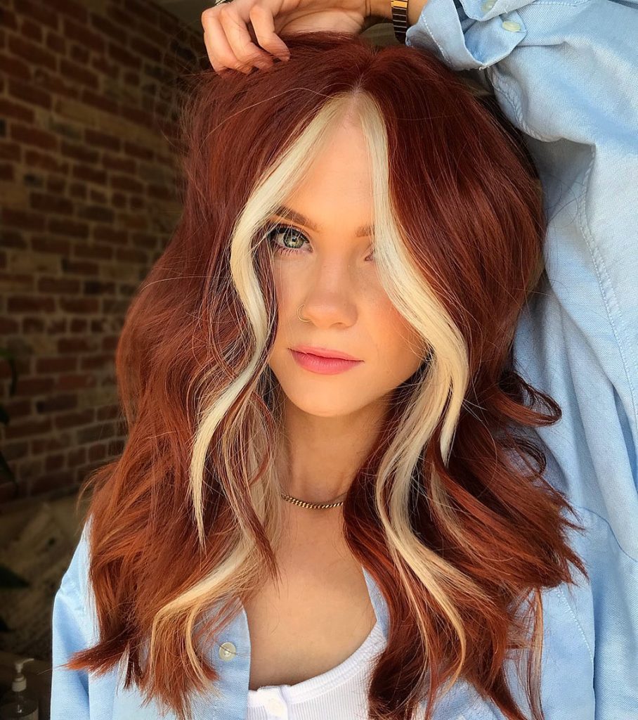 red hair with blonde face framing highlights