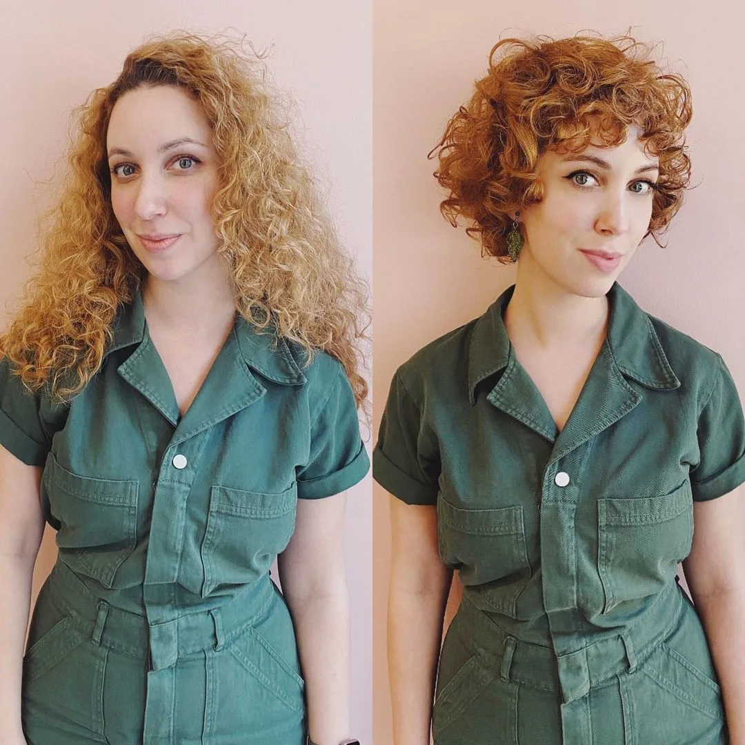 a woman with short curly bob before and after picture