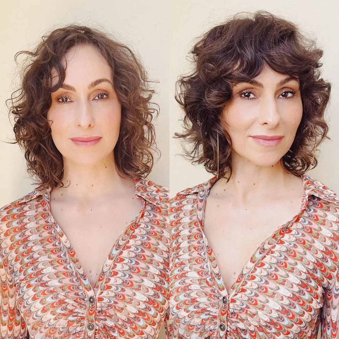 a woman with short curly shag before and after