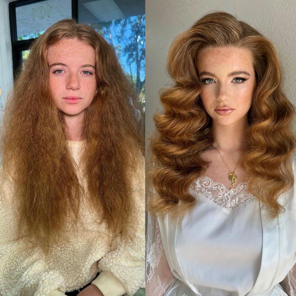 a woman with voluminous glam waves before and after