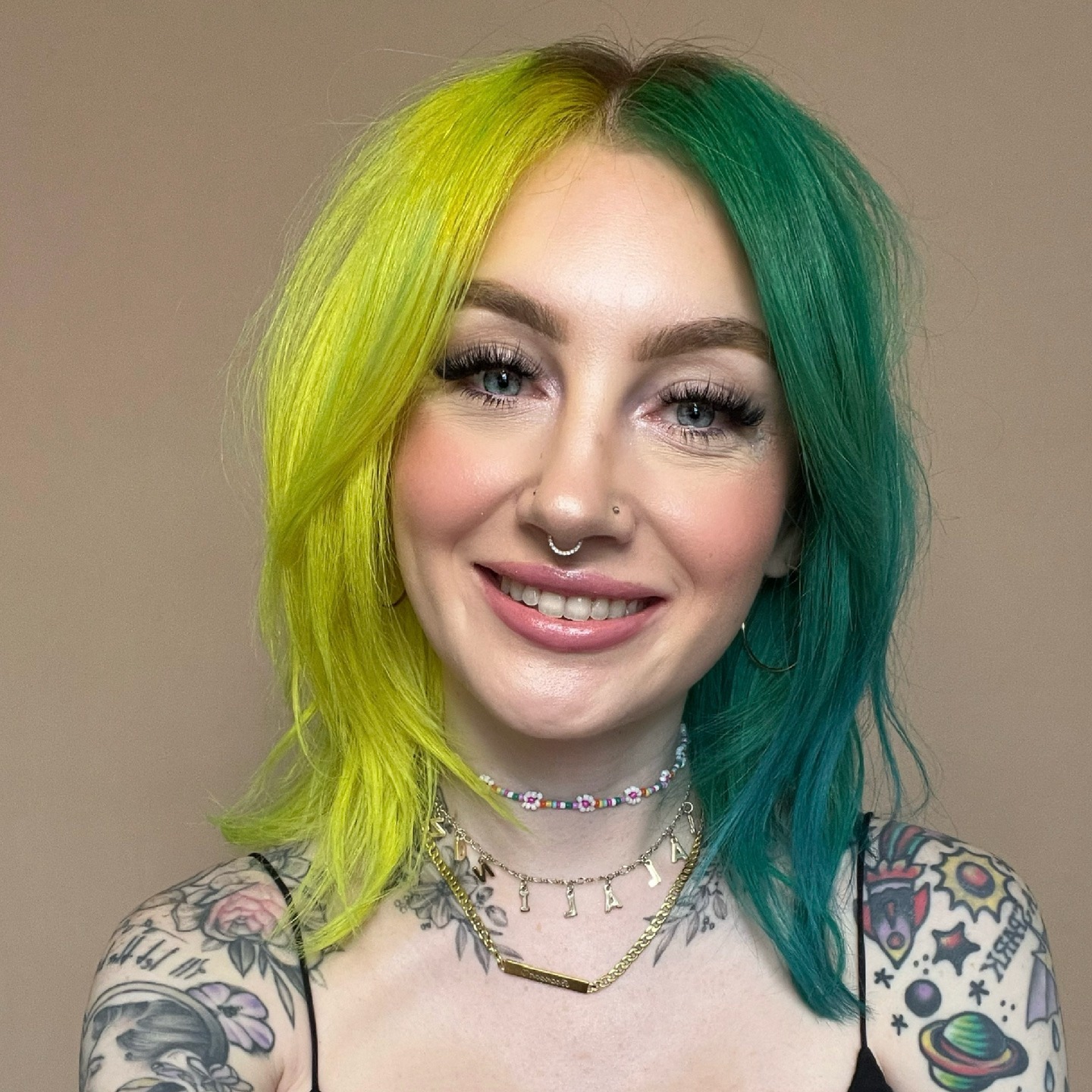 neon yellow and pine gemini hair