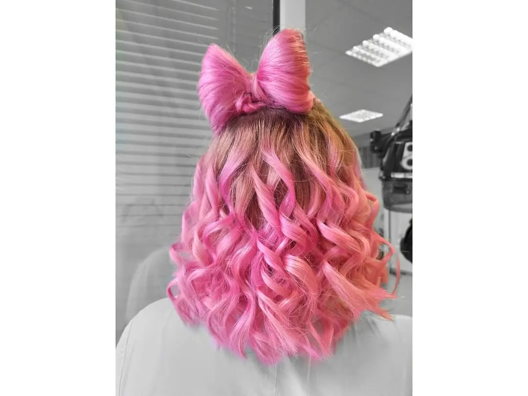 Pink Curled Hair With Half Updo Bow 