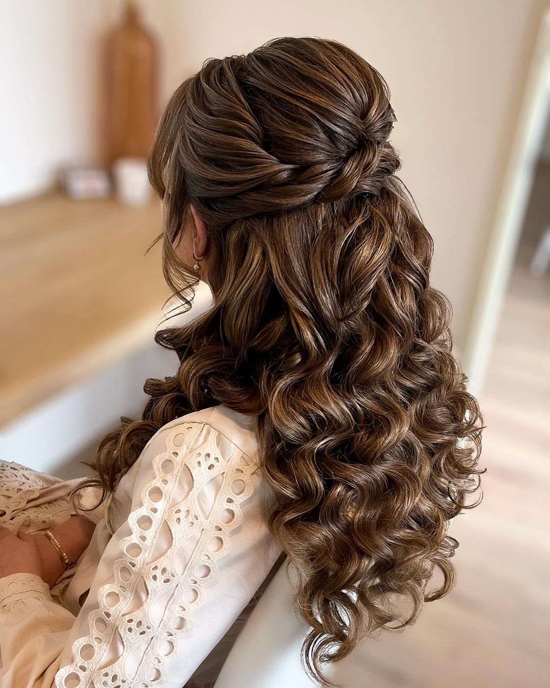 twisted brown waves wedding hairstyle