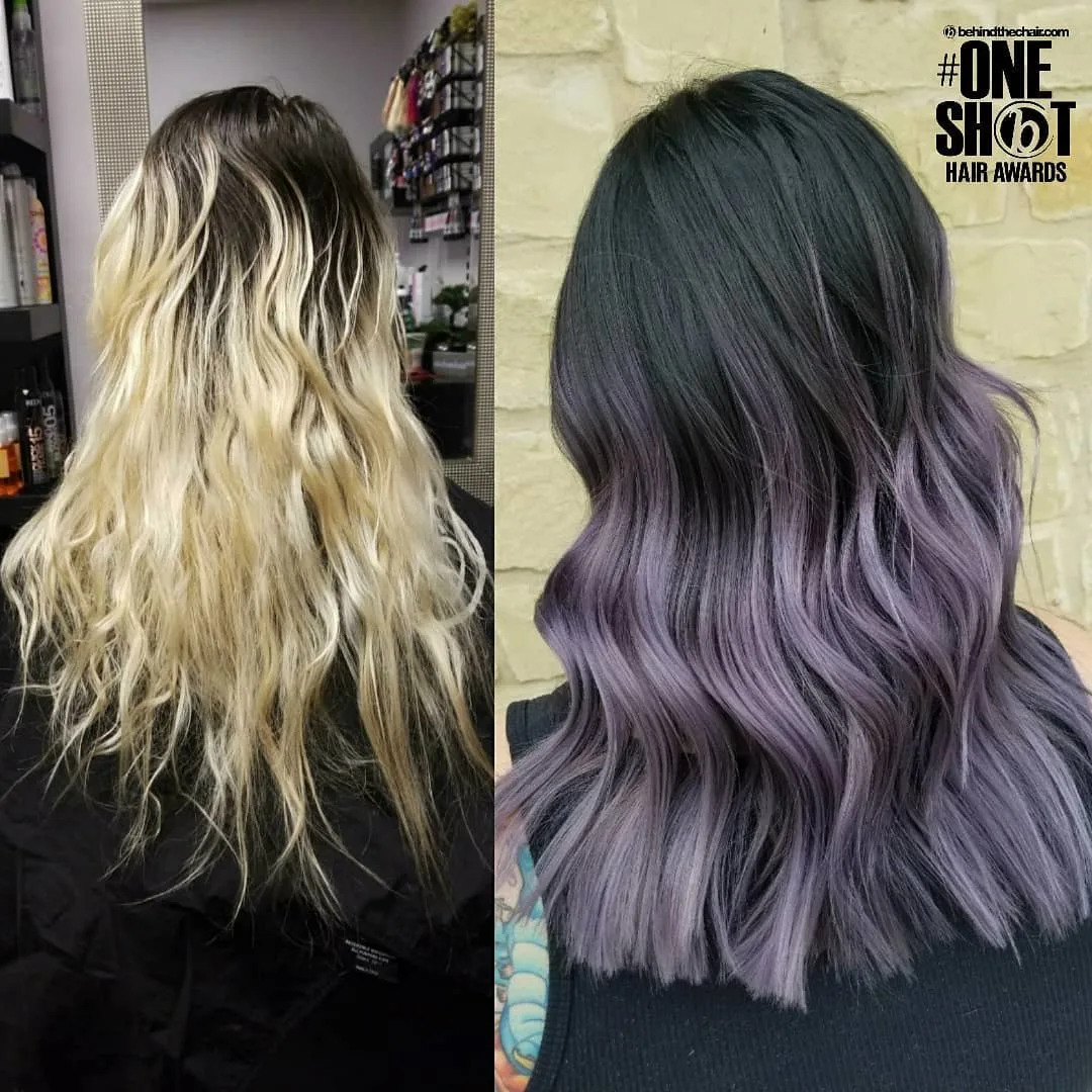 balayage violeta ceniza sobre cabello negro transformación