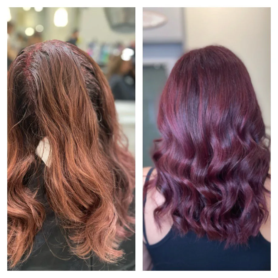 transformation des cheveux bruns en cheveux rouges violets