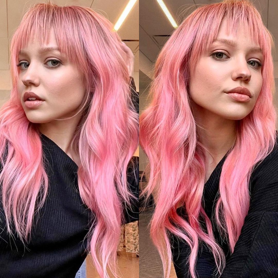 choppy bangs in pastel pink