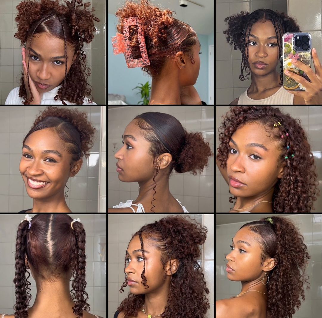 curly hairstyles with claw clip, braids, and buns
