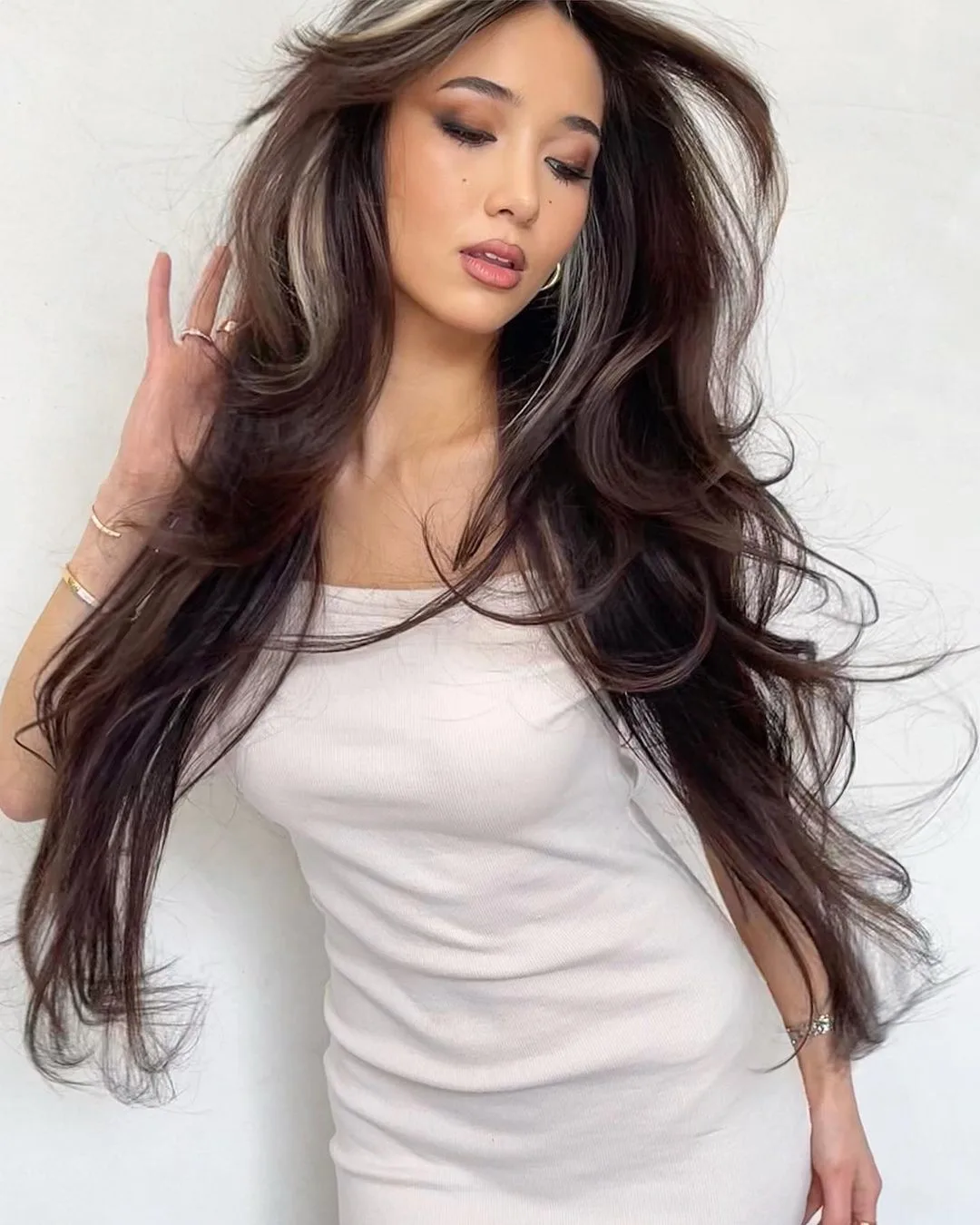 face-framing cascading layers on ultra long hair