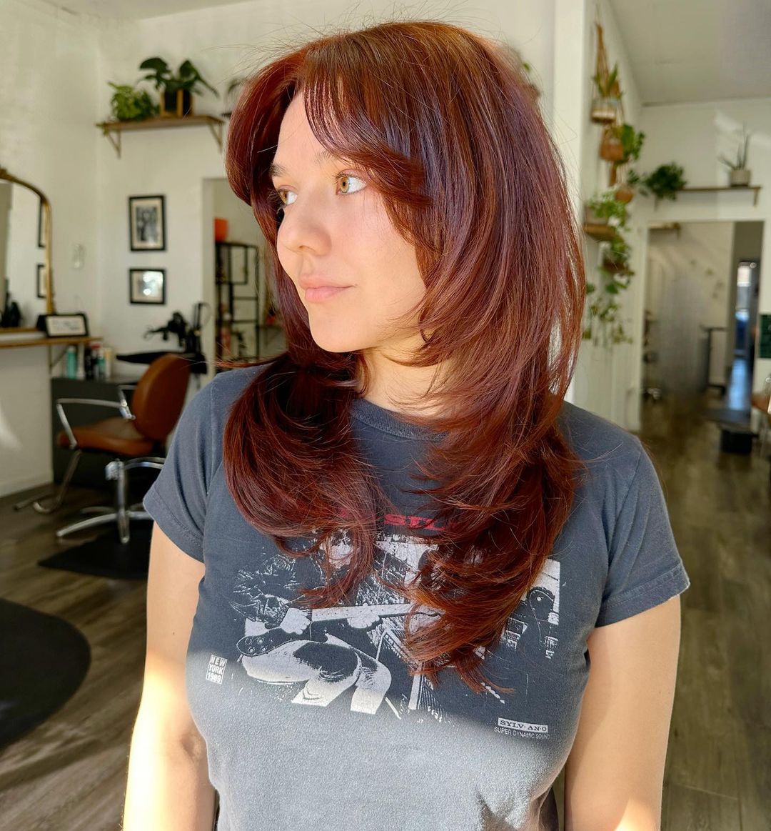copper red hair color and layered cut