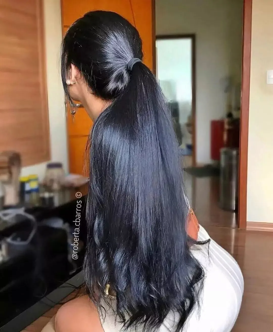 cabelo preto comprido num rabo-de-cavalo