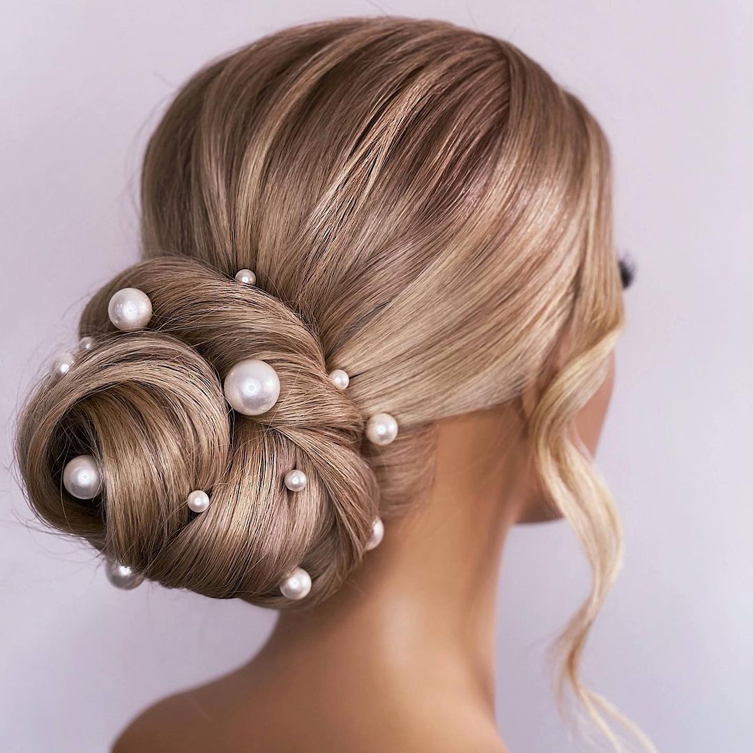 low bun with white pearls