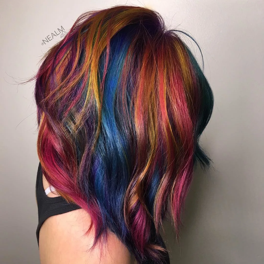 maroon, blue, blonde and pink highlights