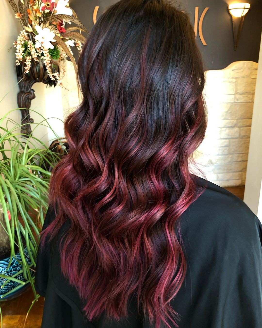red wine balayage on black hair