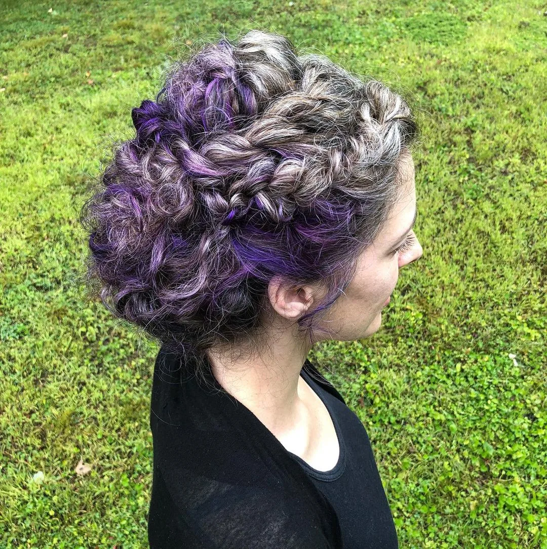 natural silver with pastel purple curly hair updo