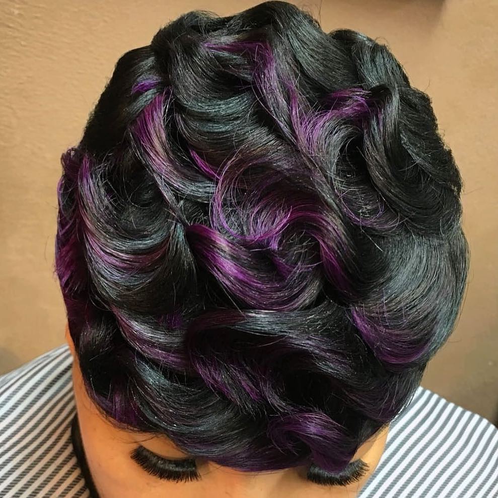 violet highlights on black pixie cut