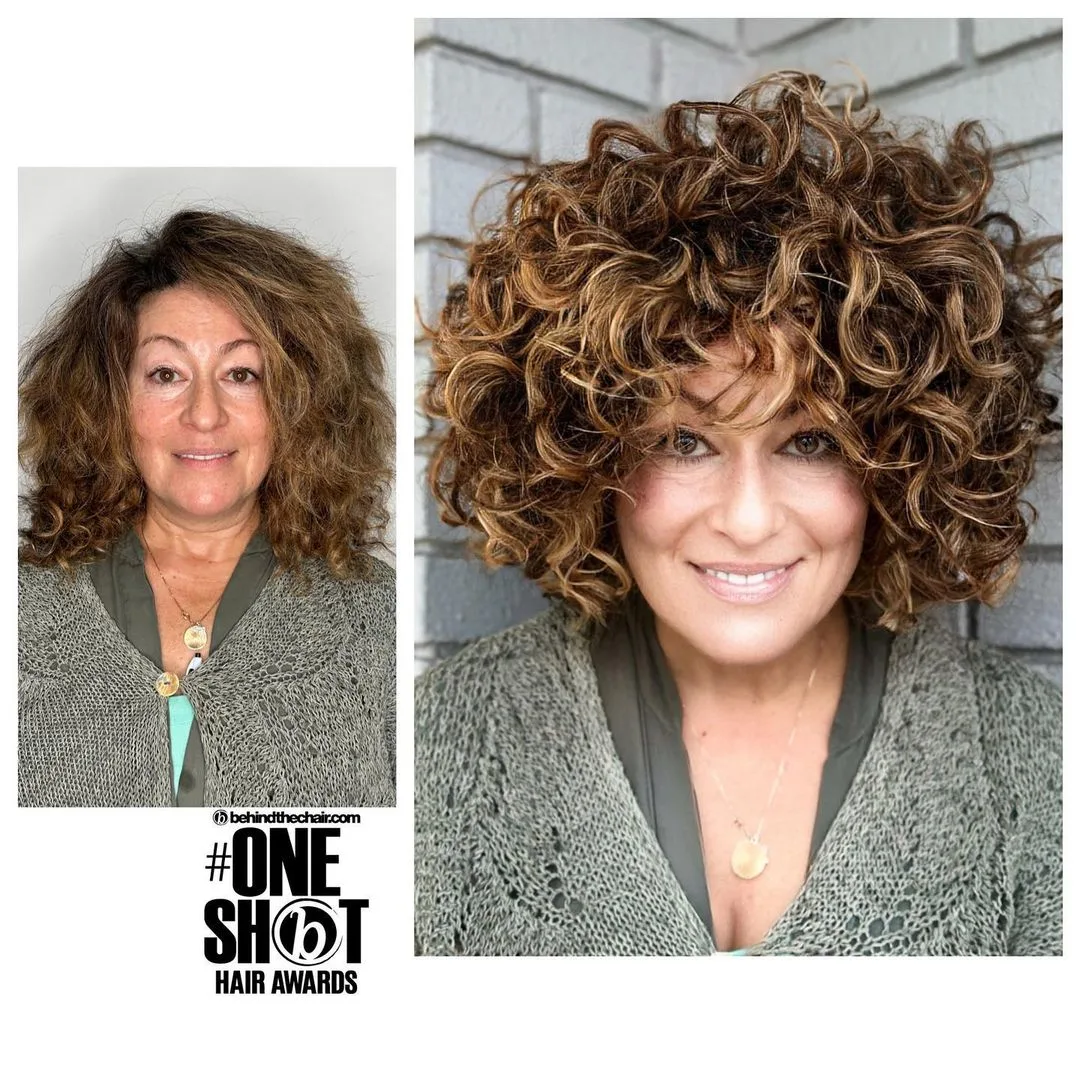 voluminous curly shag with blonde highlights for women over 50