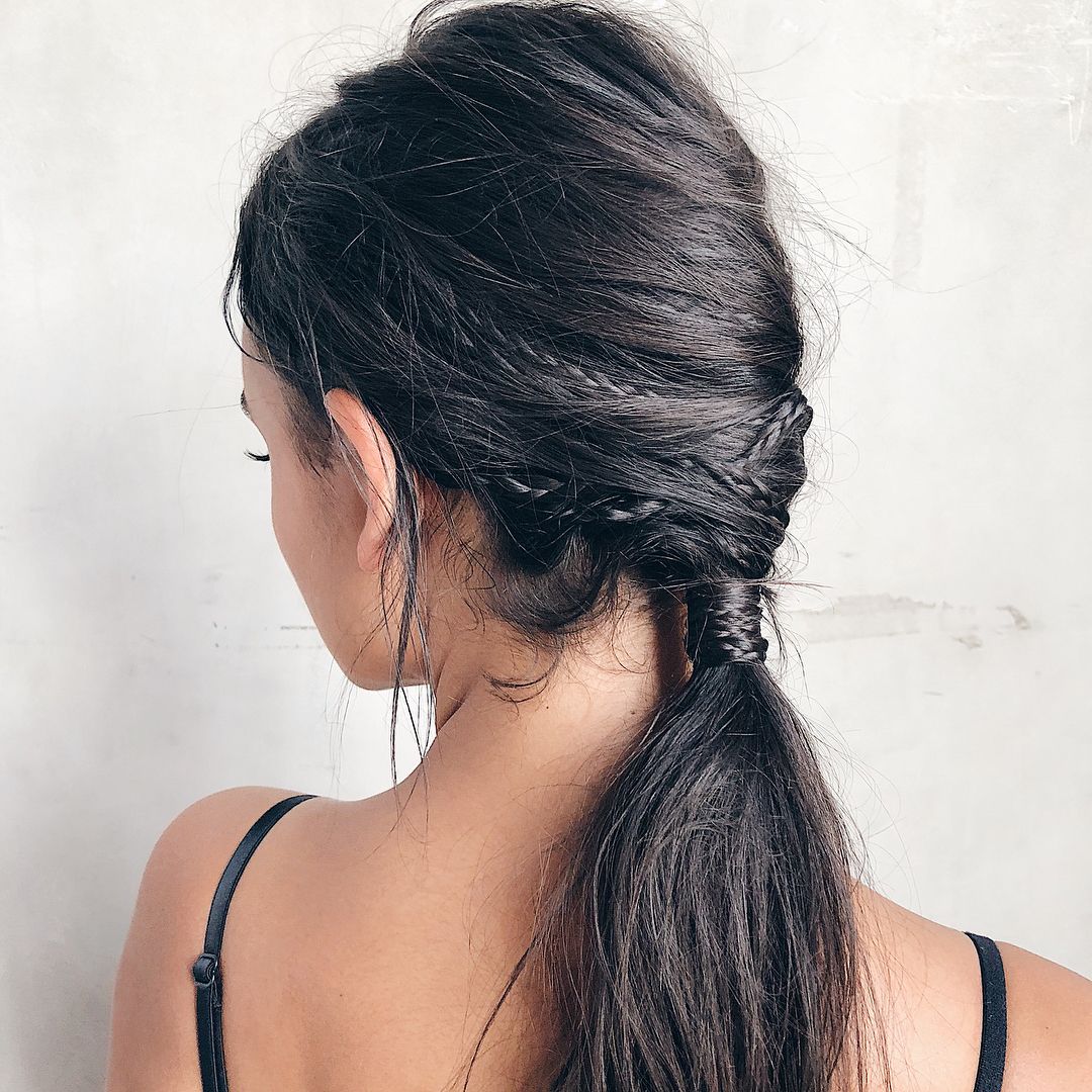 tiny braids into low ponytail