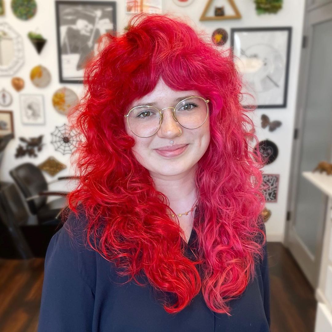 Split Dye On Curly Shag With Curtain Bangs 