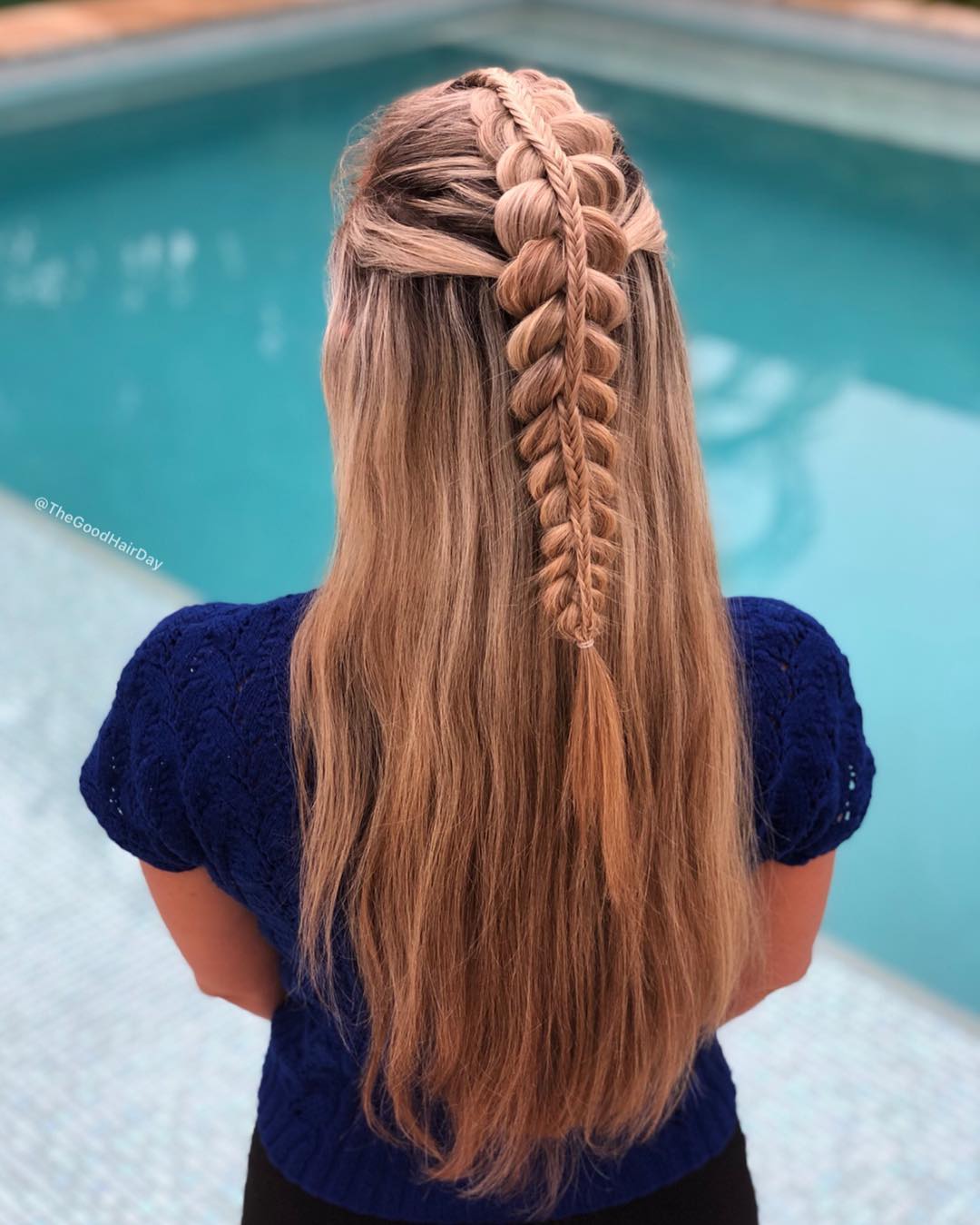 half-up stacked Dutch braid with fishtail