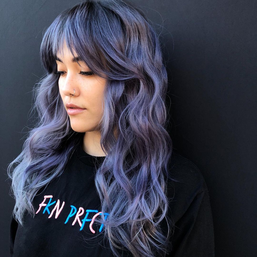 long purple hair and wispy fringe