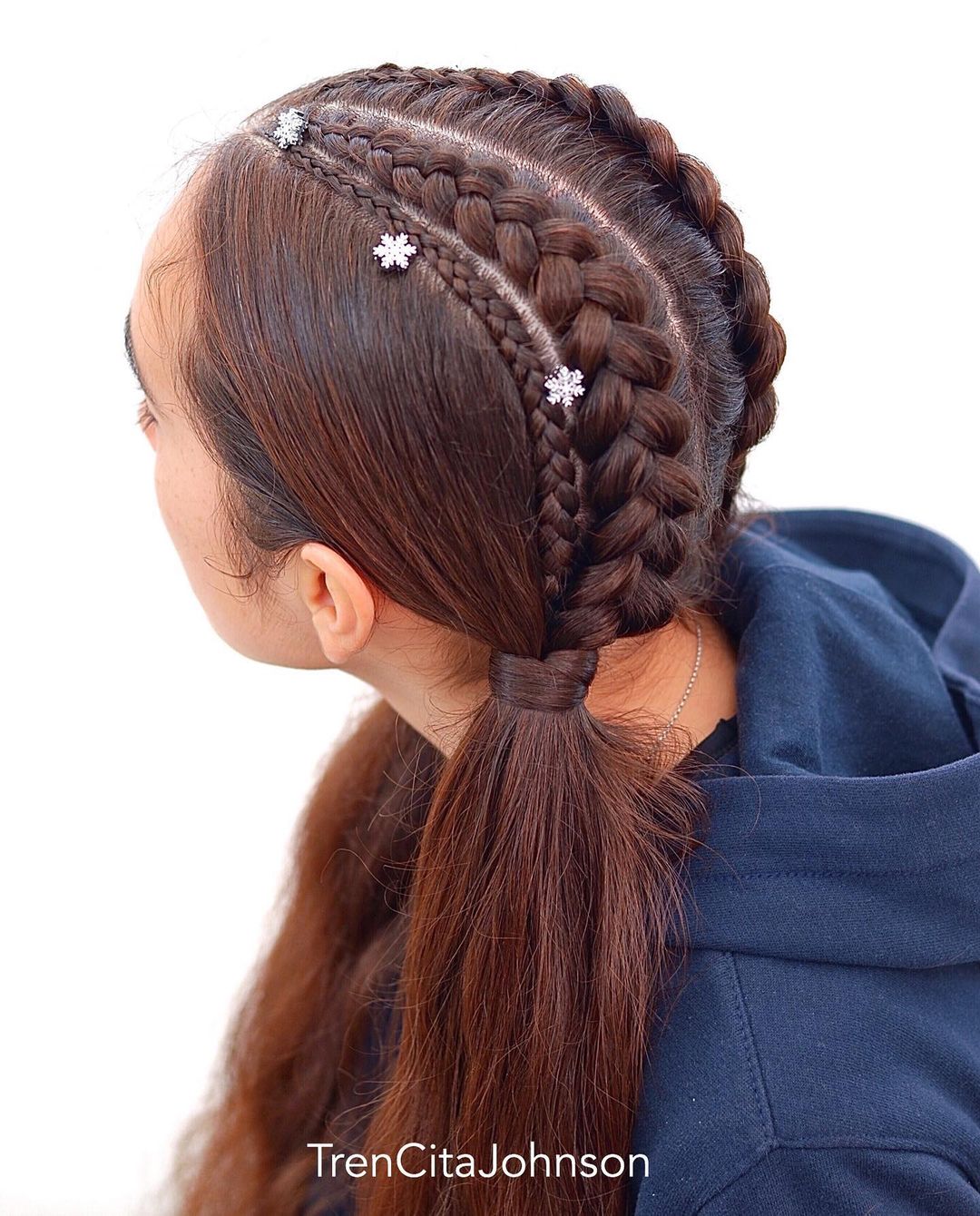 mix pigtail braids with snowflakes