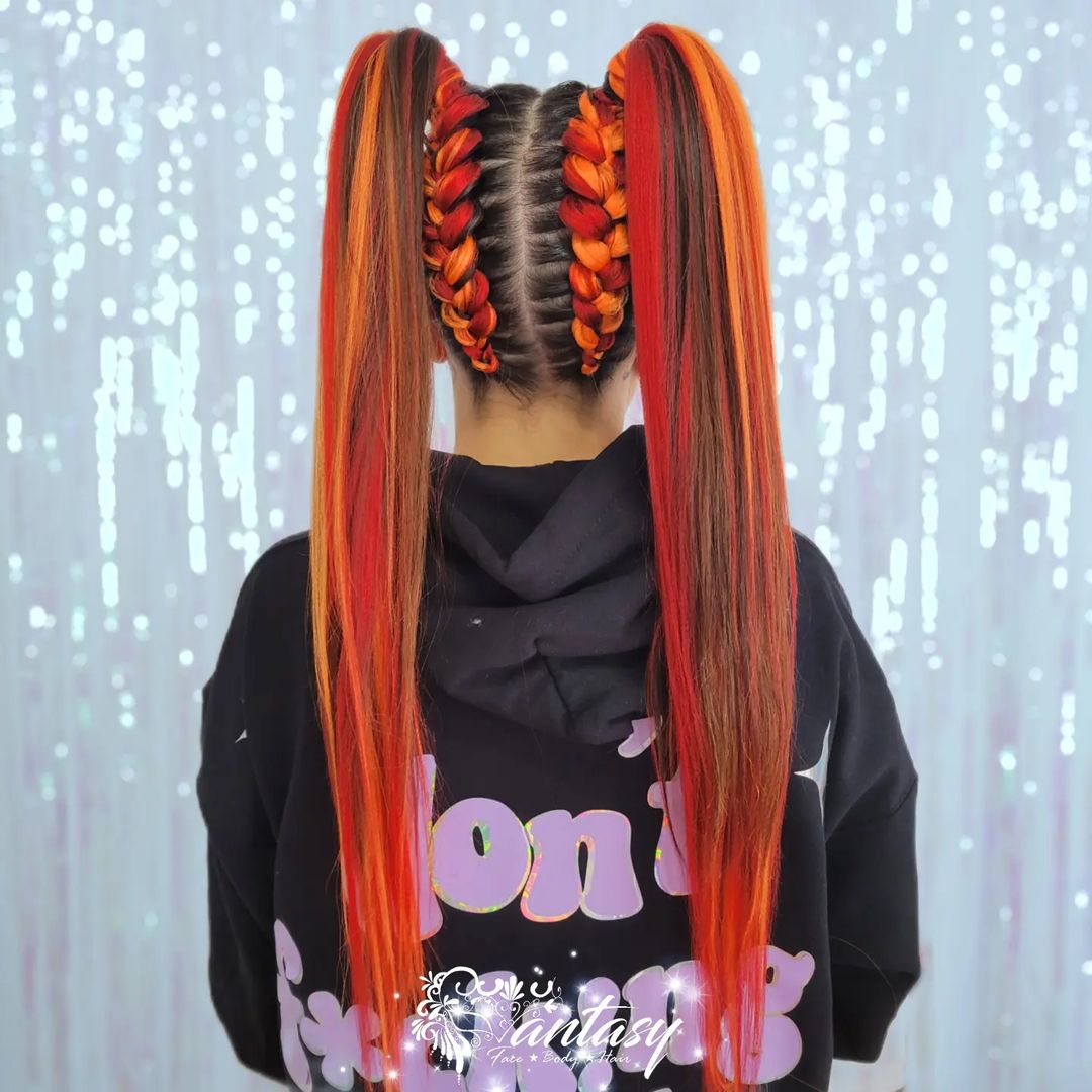 orange red braided high ponytails