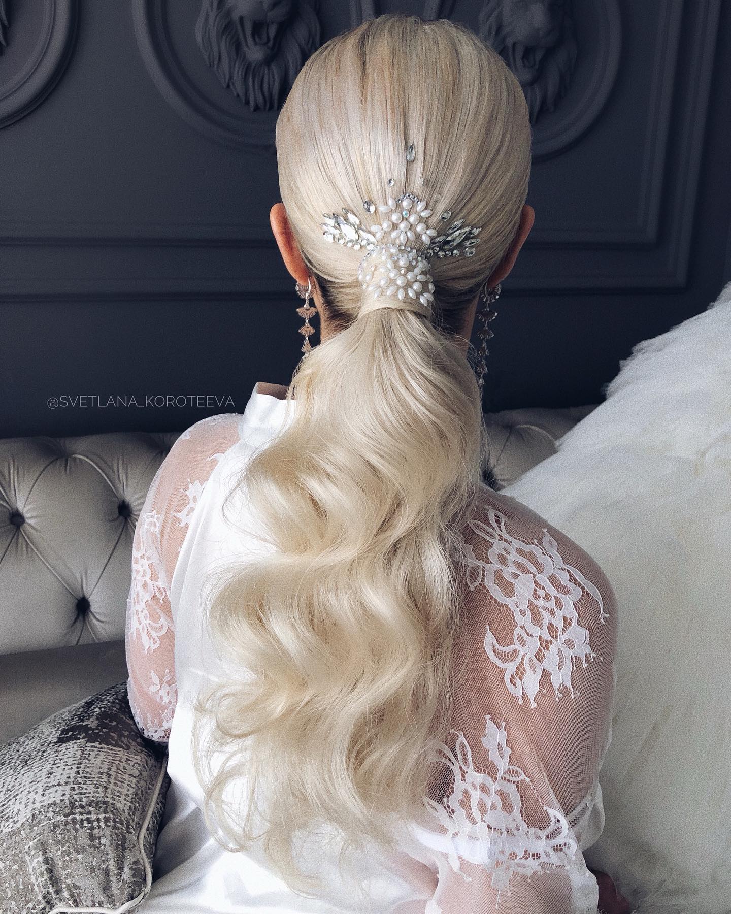 low pony with crystal hairpin