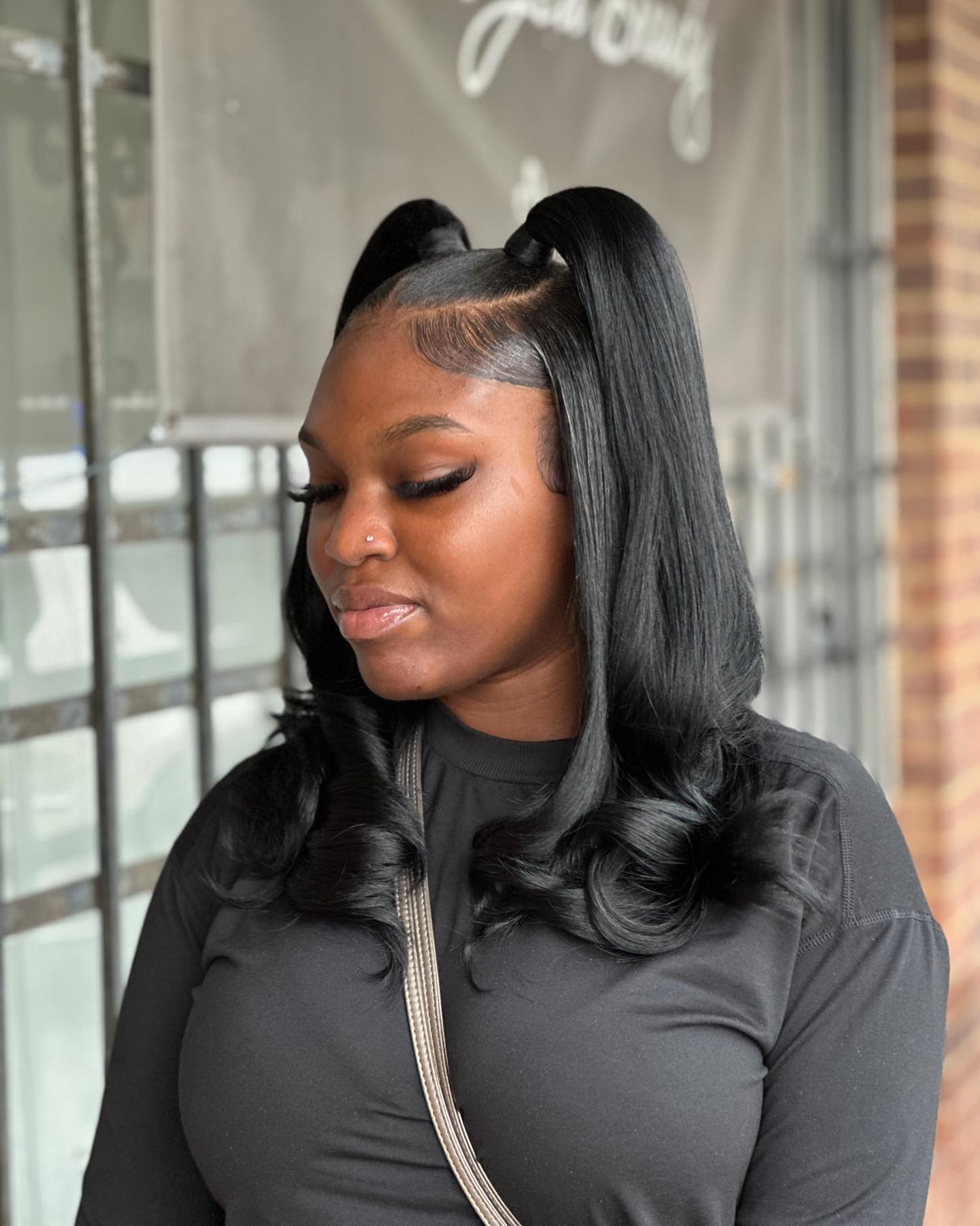 two high half-up half-down weave ponytails