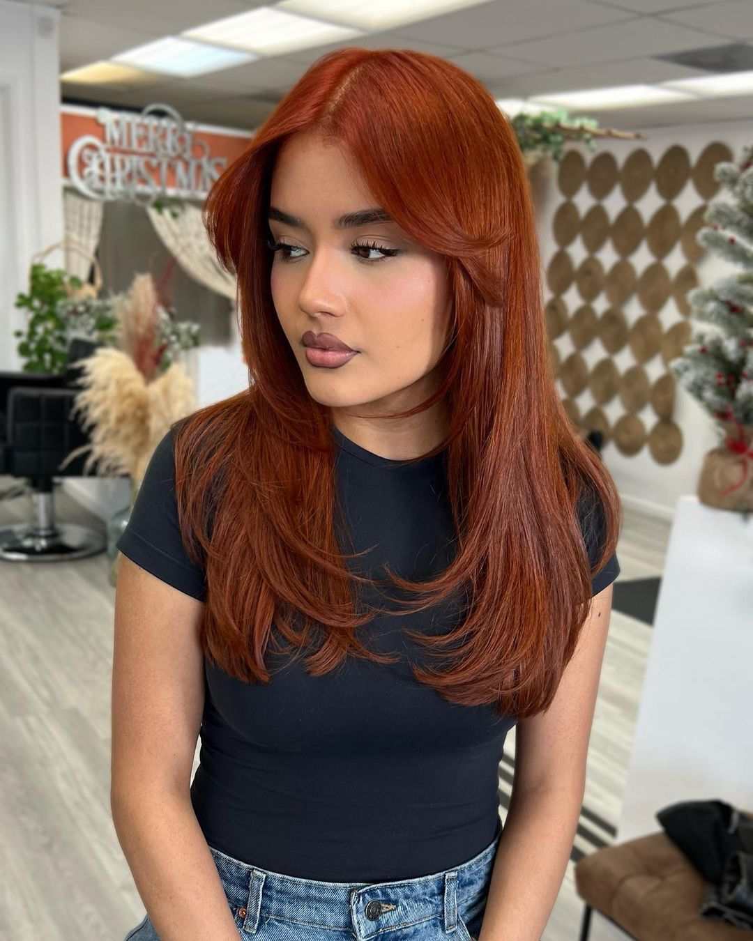 copper long layered hair