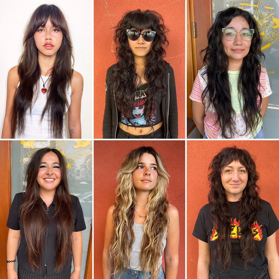 mujeres con peinados ondulados a capas con flequillo en diferentes colores de pelo