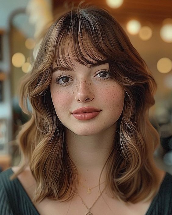 mid-length layered hair with wispy bangs