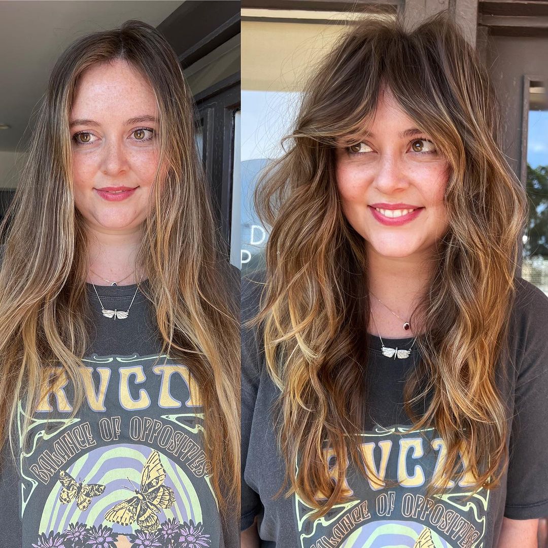 a woman with shaggy layers and curtain bangs hairstyle
