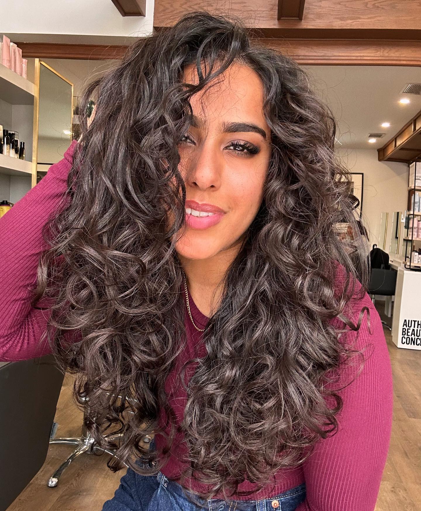 large curls with face framing