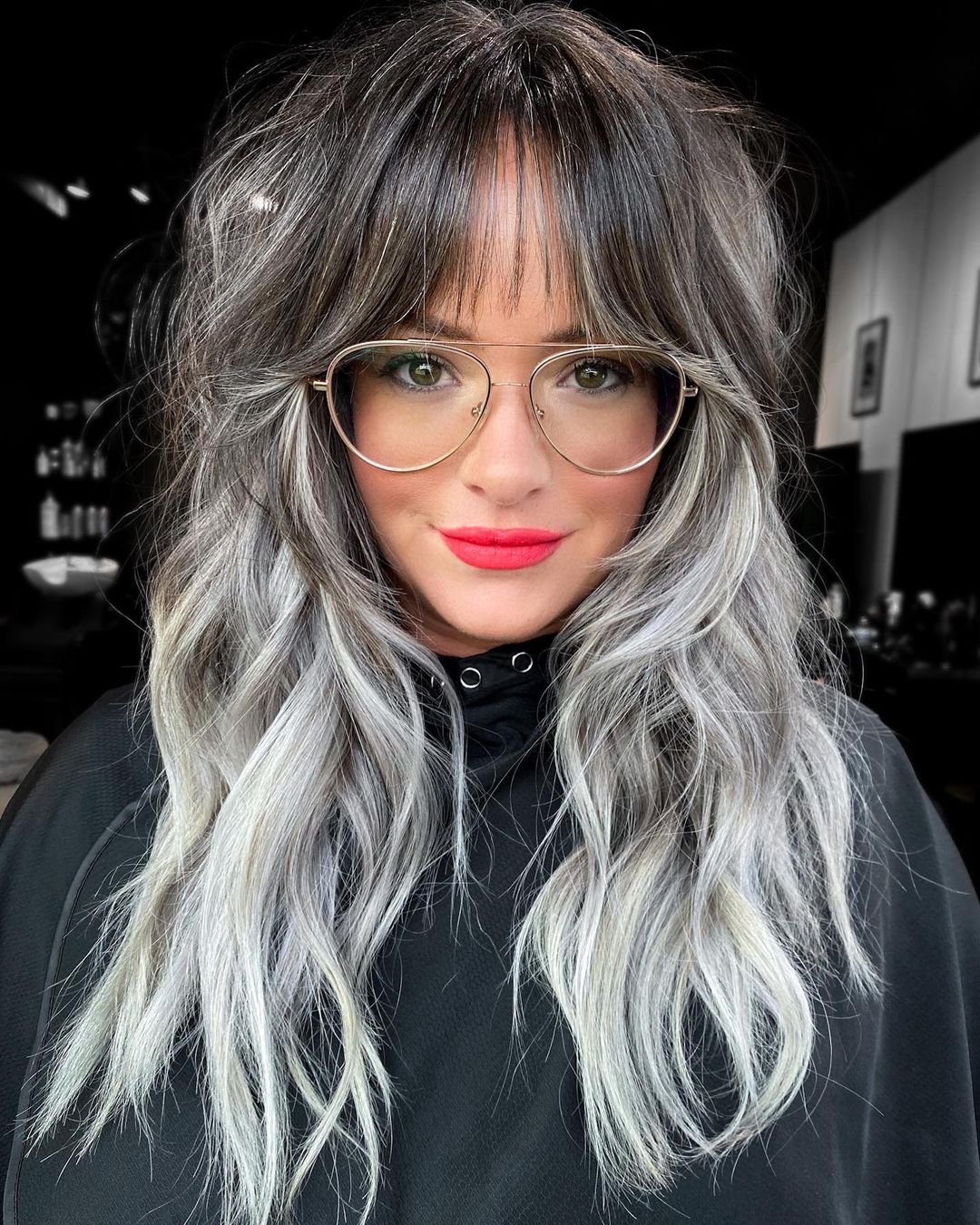 grey blending and long hair with bangs