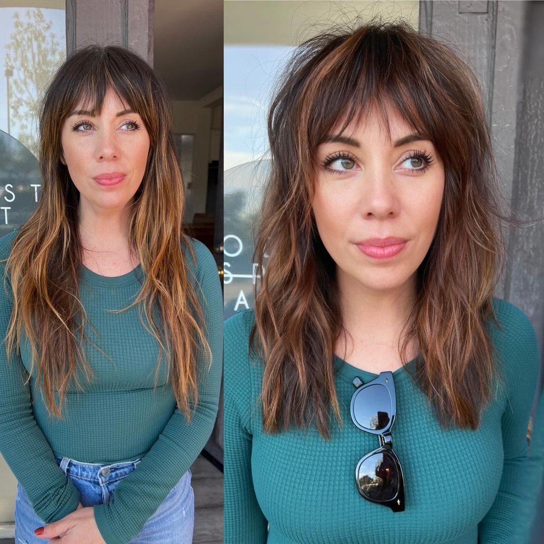 layered shag with piecey bangs and highlights