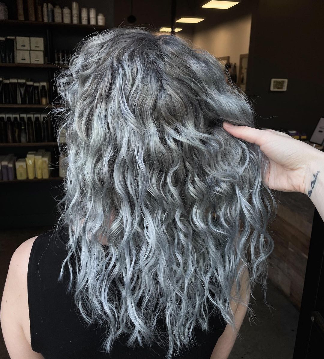silver curly hair with layers