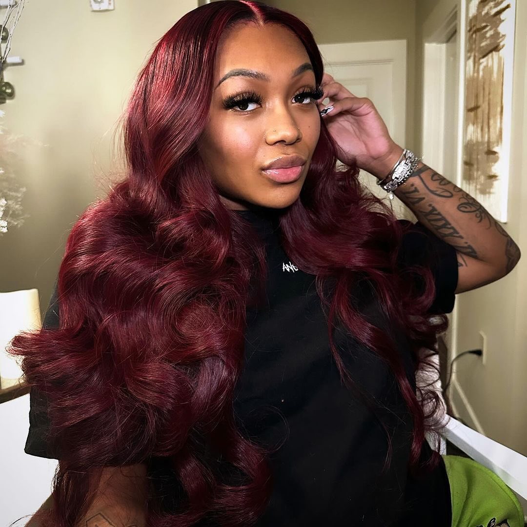 wet and wavy burgundy wig hairstyle