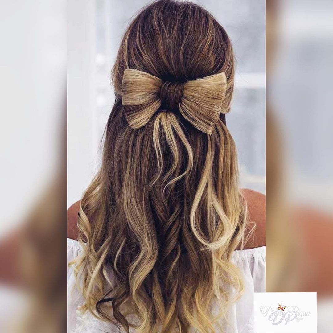 blonde brown half up bow hairstyle