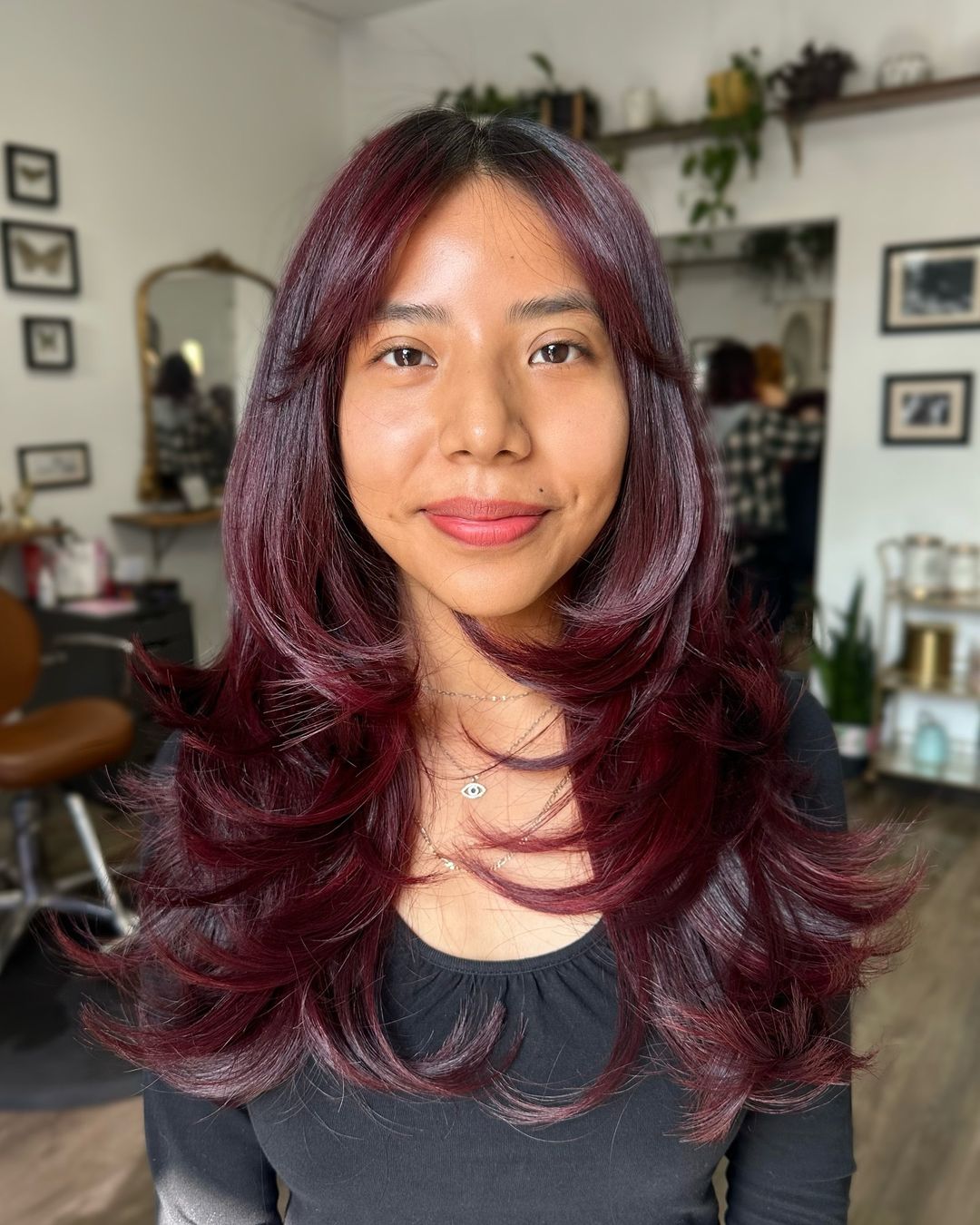 burgundy bouncy layered Asian hairstyle