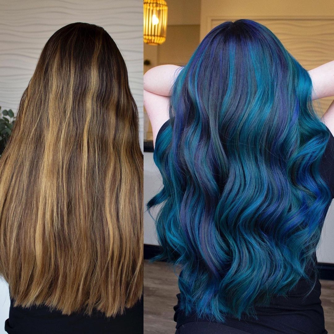 cabelo de sereia com madeixas azuis
