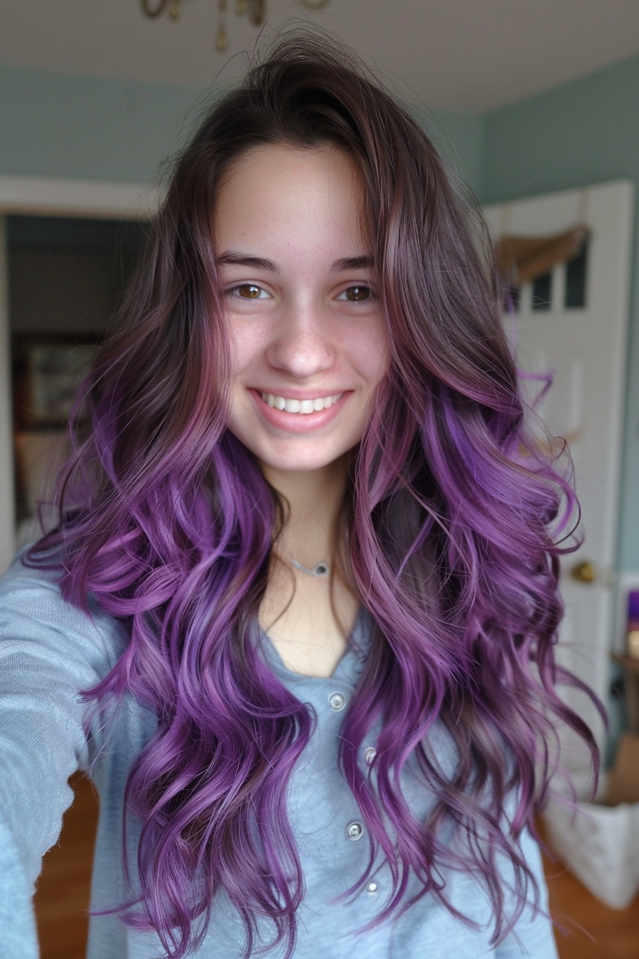 a young woman with candy dipped purple ends