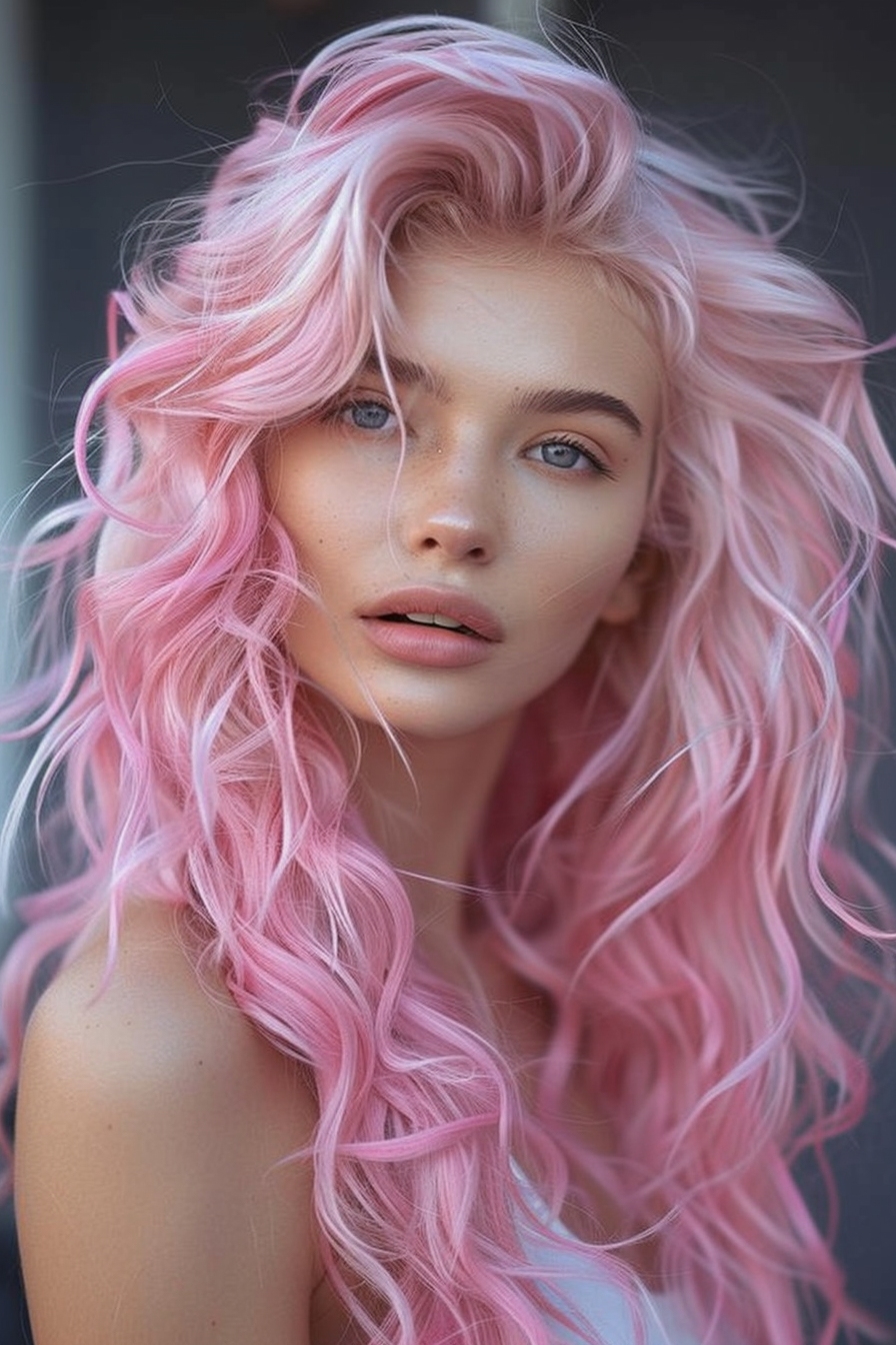 una donna con capelli ondulati color rosa confetto
