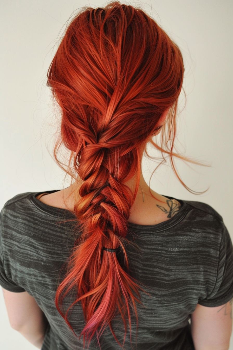 una donna con una treccia a coda di pesce dai capelli rosso confetto